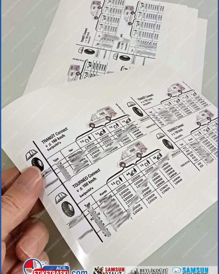 ford transit lastik basınç etiketi, tourneo connect basınç tablosu, araç direk etiket üretimi, ford connect lastik bar değerleri, orijinal şasi etiketi restorasyonu, suya dayanıklı araç etiketi, ford servis etiketleri, araç basınç levhası