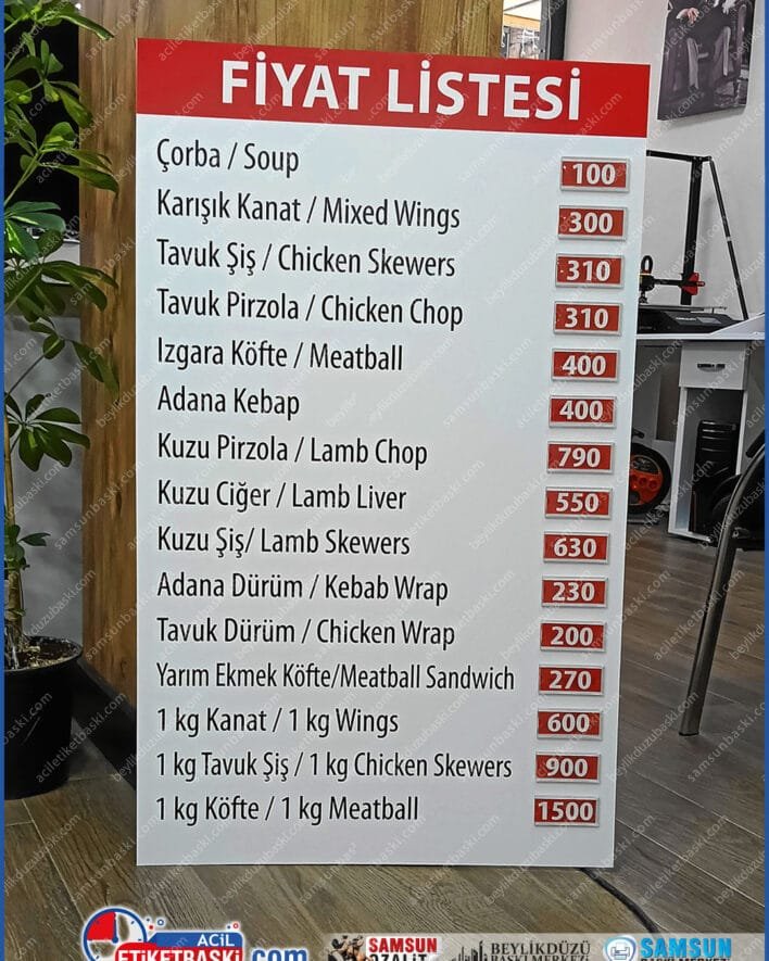 restoran fiyat listesi, cepli menü tabelası, yönetmelik uyumlu fiyat tarifesi, duvara asılan menü, içeriği değişen tabela, kapı girişi fiyat listesi, plastik tabanlı menü panosu, hızlı üretim fiyat tabelası