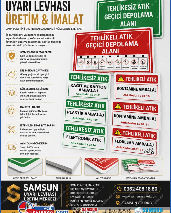 uyarı levhası imalatı, 3mm plastik tabela, dış mekan uyarı levhaları, etli bantlı ikaz tabelası, iş güvenliği levhası baskısı, özel ebat plastik levha, samsun uyarı tabela imalatı, aynı gün kargo yönlendirme levhaları