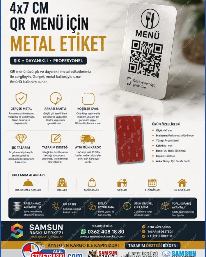 QR menü metal etiket, 4x7 metal karekod, arkası bantlı masa etiketi, paslanmaz alüminyum menü, oval köşe metal baskı, kafe masa numarası etiketi, hızlı qr kod baskı, samsun metal etiket merkezi