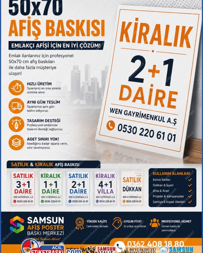 50x70 afiş baskı, emlakçı afişi satılık, kiralık ilan posteri, samsun afiş baskı merkezi, hızlı vinil baskı, adet sınırsız branda, ucuz emlak afişi, aynı gün teslim poster