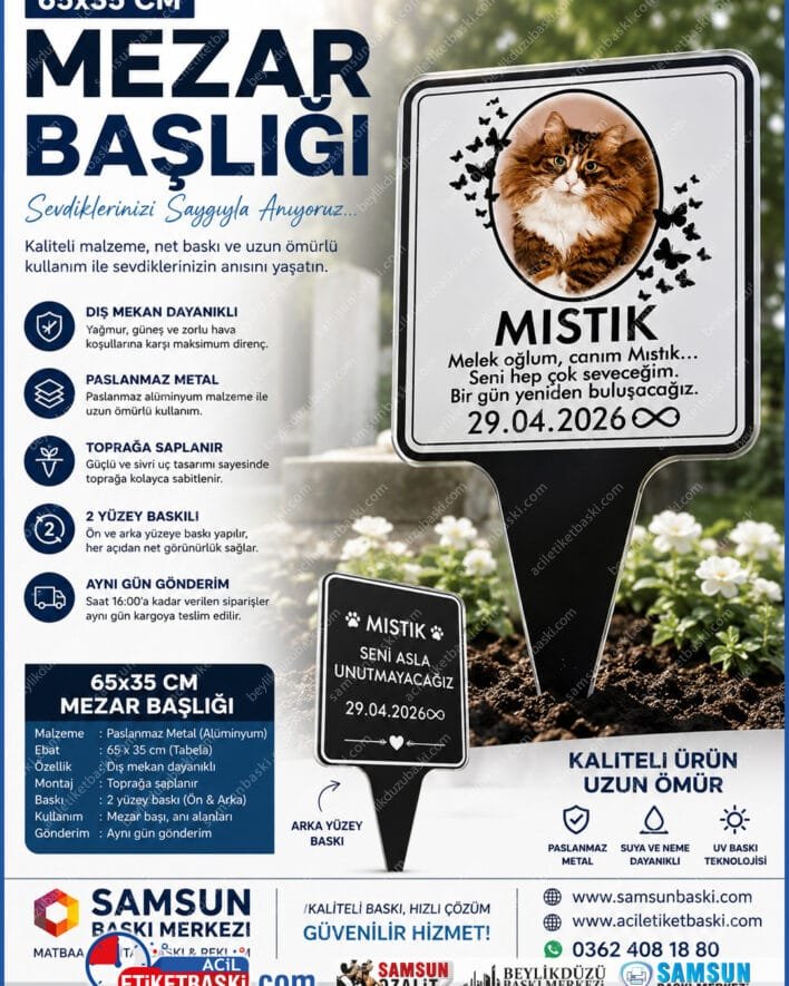metal mezar başlığı, paslanmaz mezar taşı, toprağa saplanır mezar isimliği, 65x35 mezar etiketi, dış mekan dayanıklı mezar taşı, ayaklı mezar başlığı, samsun metal baskı merkezi, aynı gün teslim mezar isimliği