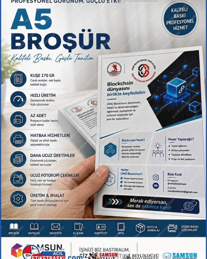 A5 broşür baskı, 170 gr kuşe broşür, az adetli broşür, samsun matbaa, hızlı broşür üretimi, ucuz fotokopi samsun, kaliteli el ilanı, broşür imalatı merkezi