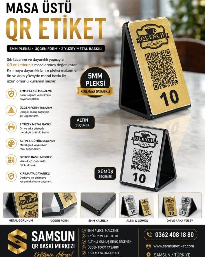 üçgen pleksi masa etiketi, 5mm pleksi QR standı, çift yüzey metal baskı, altın renkli masa QR, gümüş metal karekod etiket, kırılmaya dayanıklı menü standı, ebat ve adede göre pleksi, QR baskı merkezi