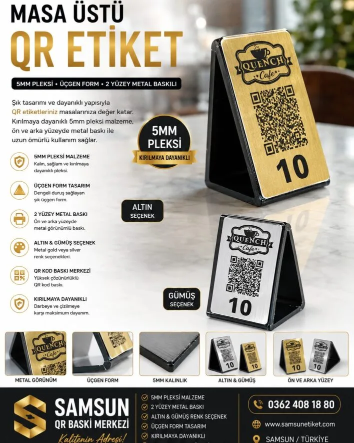 üçgen pleksi masa etiketi, 5mm pleksi QR standı, çift yüzey metal baskı, altın renkli masa QR, gümüş metal karekod etiket, kırılmaya dayanıklı menü standı, ebat ve adede göre pleksi, QR baskı merkezi