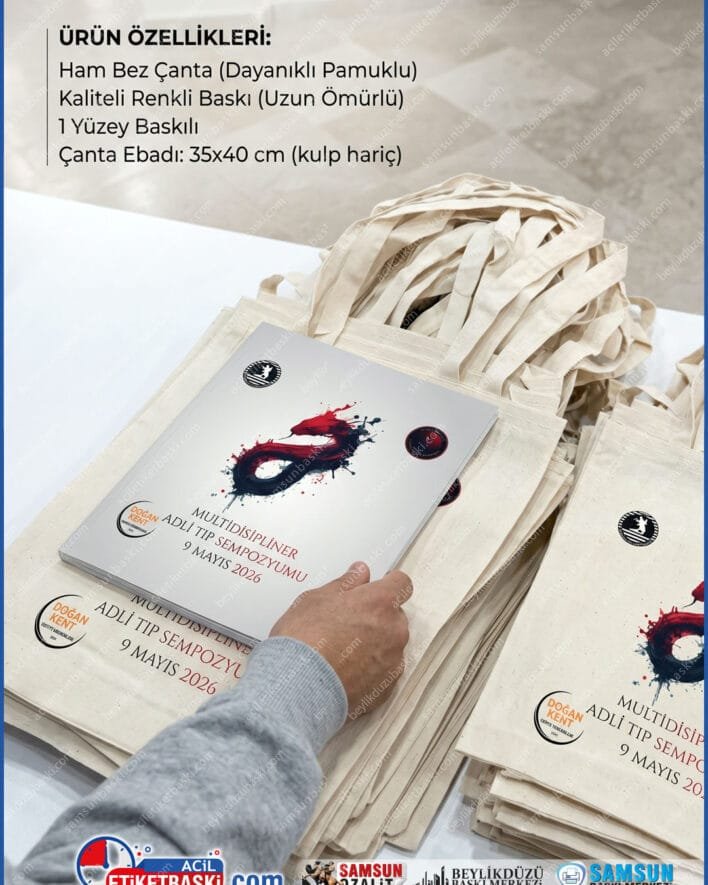 ham bez çanta baskısı, sempozyum çantası, logolu bez çanta, 35x40 bez çanta, akademik etkinlik çantası, renkli çanta baskı, samsun promosyon çanta, pamuklu bez çanta üretimi