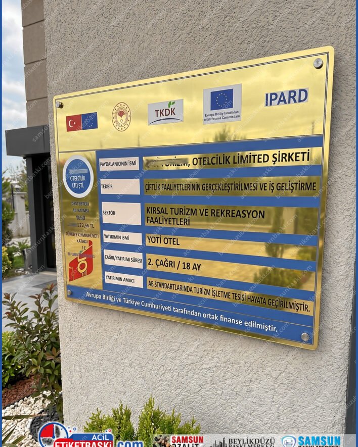 AB proje tabelası, hibe destek tabelası, A1 pirinç tabela, dış mekan metal baskı, görünürlük tabelası, şantiye proje tabelası, paslanmaz pirinç tabela, samsun tabela baskı merkezi