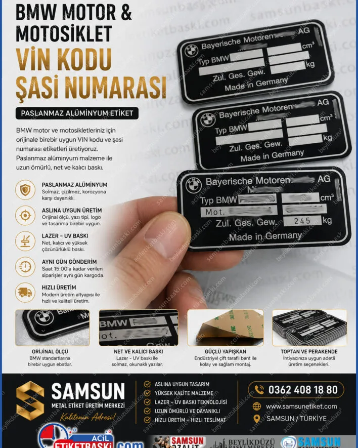 BMW motor şasi etiketi, motosiklet VIN kodu baskısı, paslanmaz alüminyum motor etiketi, muayene uyumlu motosiklet plakası, BMW motor künye imalatı, ısıya dayanıklı şasi numarası, lazer baskı metal etiket, etiket üretim merkezi