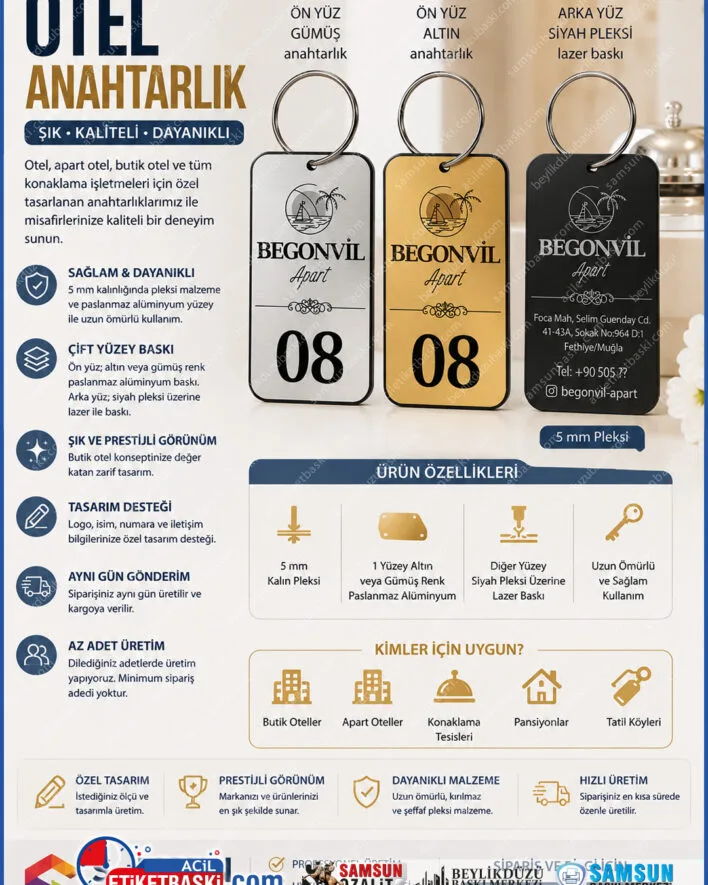 otel anahtarlık baskı, butik otel anahtarlığı, 5mm pleksi anahtarlık, oda numarası yazdırma, alüminyum metal anahtarlık, apart otel malzemeleri, samsun anahtarlık imalatı, lazer baskılı anahtarlık