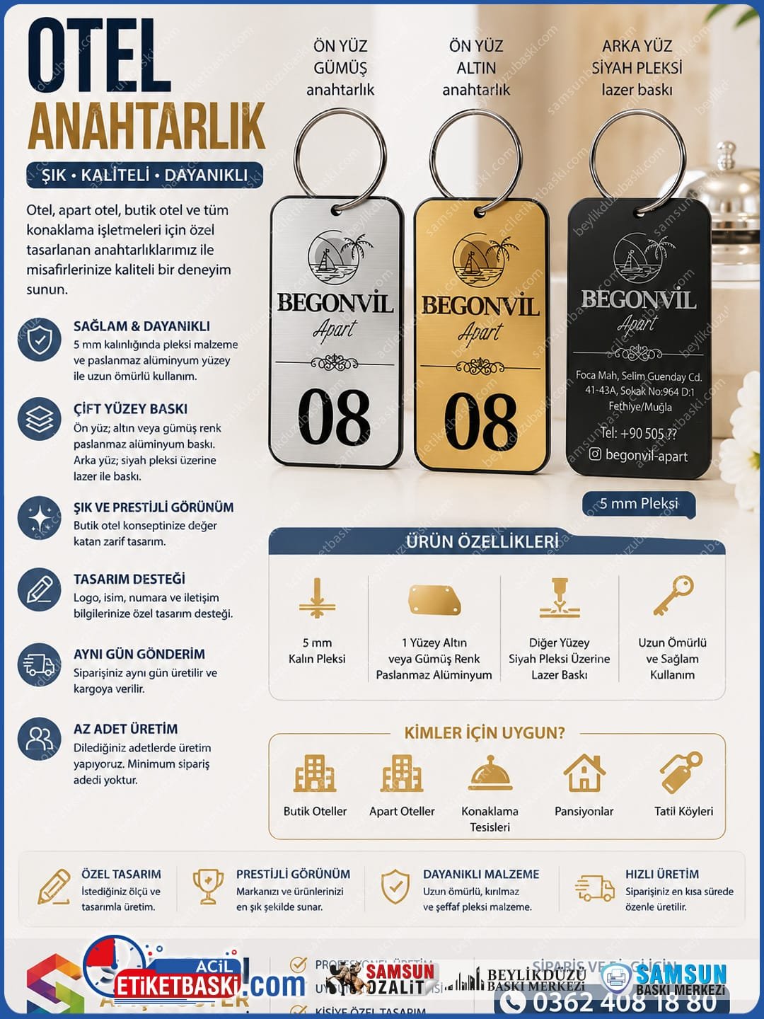 butik-otel-ve-apart-icin-cift-yuzeyli-pleksi-metal-anahtarlik otel anahtarlık baskı, butik otel anahtarlığı, 5mm pleksi anahtarlık, oda numarası yazdırma, alüminyum metal anahtarlık, apart otel malzemeleri, samsun anahtarlık imalatı, lazer baskılı anahtarlık