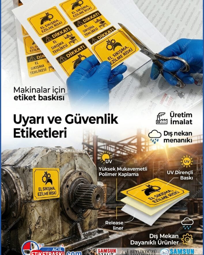 folyo etiket baskısı, dış mekan etiketi, güvenlik etiketi imalatı, uyarı etiketi üretimi, yapışkanlı folyo etiket, dayanıklı makine etiketi, samsun etiket baskı merkezi, endüstriyel folyo etiket