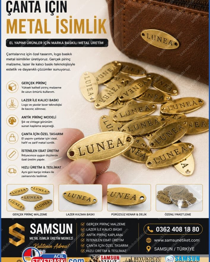 çanta için metal isimlik, logo baskılı çanta plakası, gerçek pirinç marka etiketi, antik pirinç çanta logosu, el yapımı ürünler için metal, lazer baskılı metal etiket, çanta marka imalatı, butik cüzdan metal isimliği