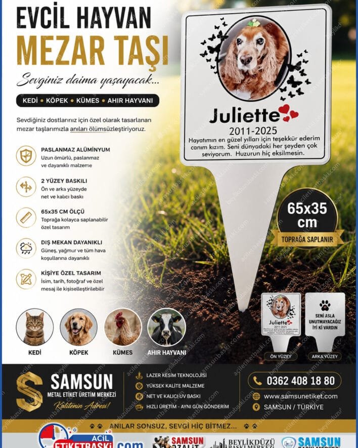 evcil hayvan mezar taşı, kedi mezar levhası, köpek anıt taşı, toprağa saplanır mezarlık levhası, paslanmaz alüminyum mezar taşı, çift taraflı hayvan mezarı, samsun mezar baskı merkezi, uygun fiyatlı hayvan anıtı