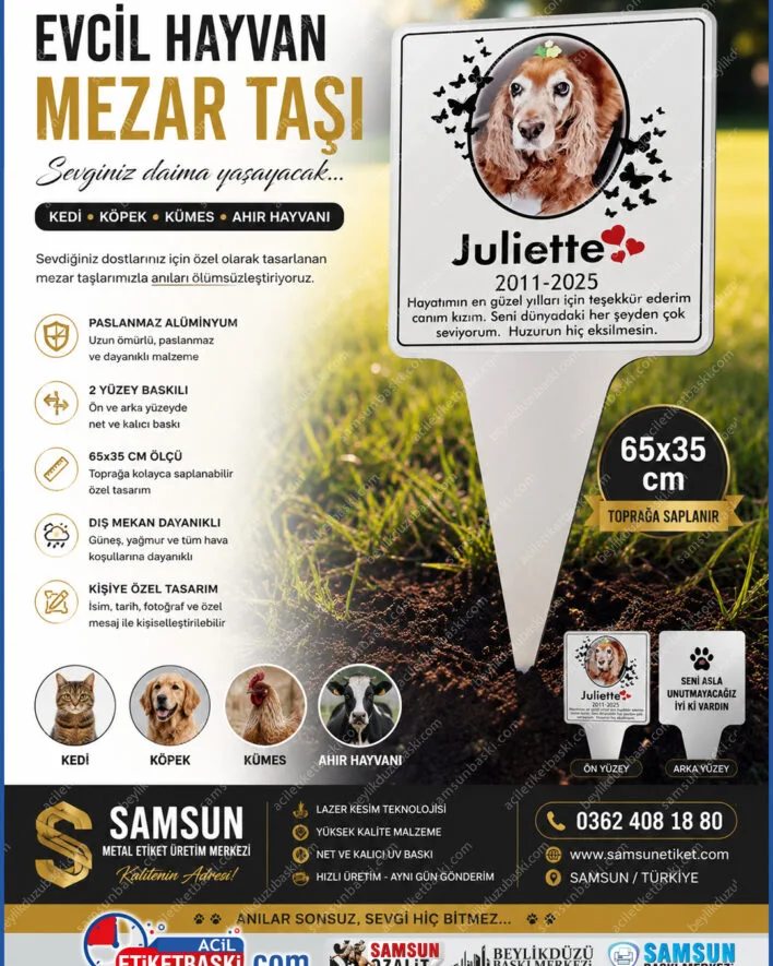 evcil hayvan mezar taşı, kedi mezar levhası, köpek anıt taşı, toprağa saplanır mezarlık levhası, paslanmaz alüminyum mezar taşı, çift taraflı hayvan mezarı, samsun mezar baskı merkezi, uygun fiyatlı hayvan anıtı