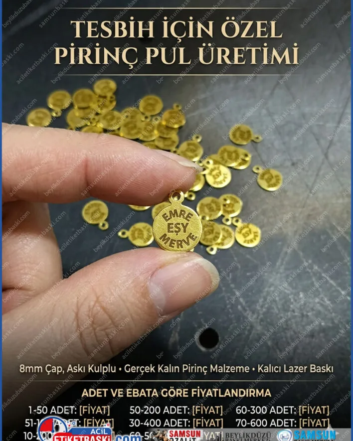 pirinç tesbih ucu, 8mm tesbih aparatı, lazer baskılı tesbih, kaliteli pirinç döküm, bükülmez tesbih ucu, asma kulplu metal, kişiye özel tesbih ucu, samsun metal baskı