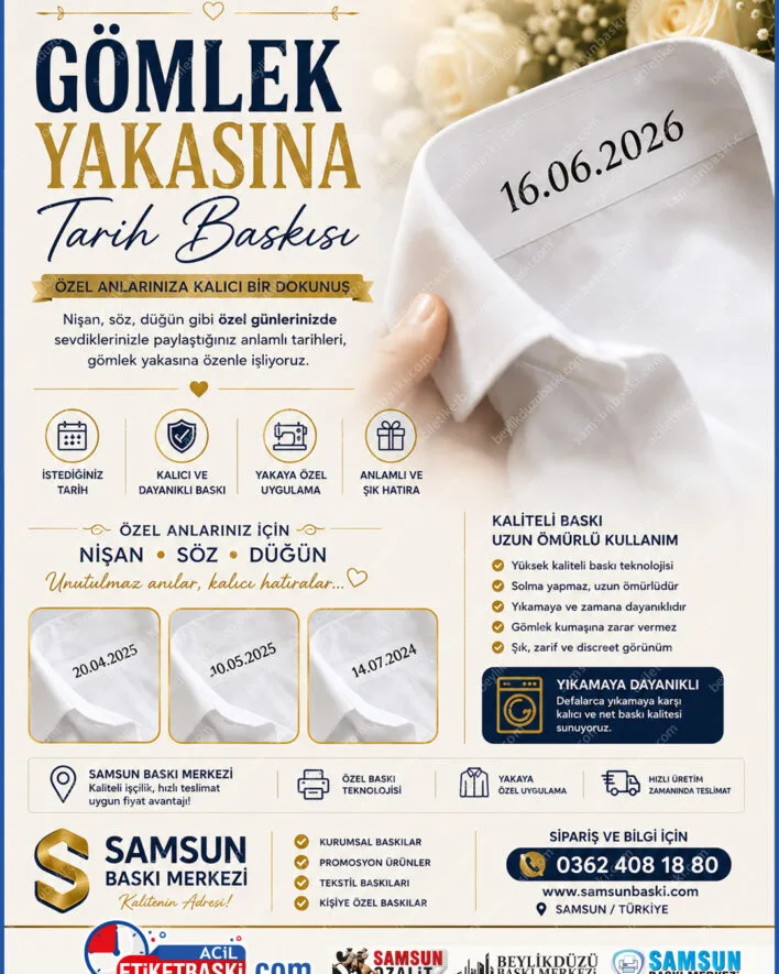 gömlek yakasına tarih baskısı, damatlık gömlek isim yazdırma, nişan gömleği yazısı, düğün hatırası gömlek baskı, samsun kişiye özel tekstil baskı, gömlek tasarlama, yakaya tarih yazdırma, samsun baskı merkezi