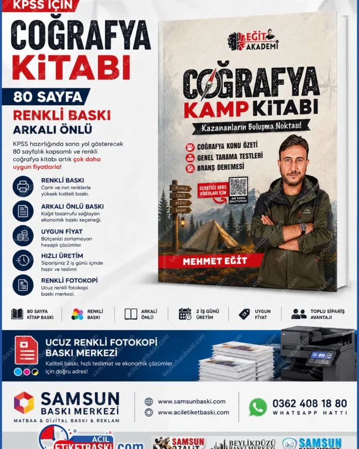 KPSS coğrafya kamp kitabı, ucuz renkli fotokopi, 80 sayfa kitap baskı, renkli ders notu baskısı, samsun fotokopi merkezi, arkalı önlü renkli çıktı, kamp notları basımı, öğrenci dostu baskı