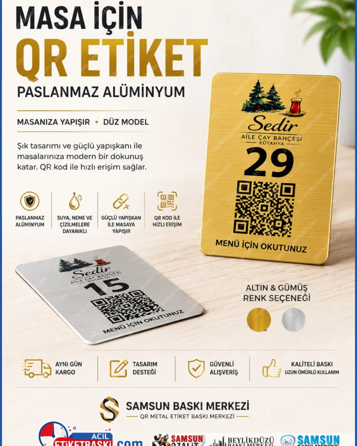 masa için QR etiket, metal karekod baskı, paslanmaz alüminyum etiket, renkli metal baskı, altın QR etiket, gümüş metal masa numarası, qr kod etiket fiyatları, QR metal etiket baskı merkezi