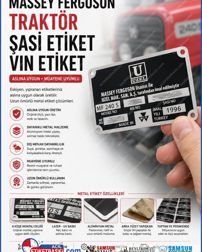 Massey Ferguson şasi etiketi, traktör vin plakası, muayene uyumlu traktör etiketi, silinmiş şase numarası yenileme, traktör künye baskısı, alüminyum traktör etiketi, samsun metal etiket imalatı, aslına uygun şasi etiket imalatı
