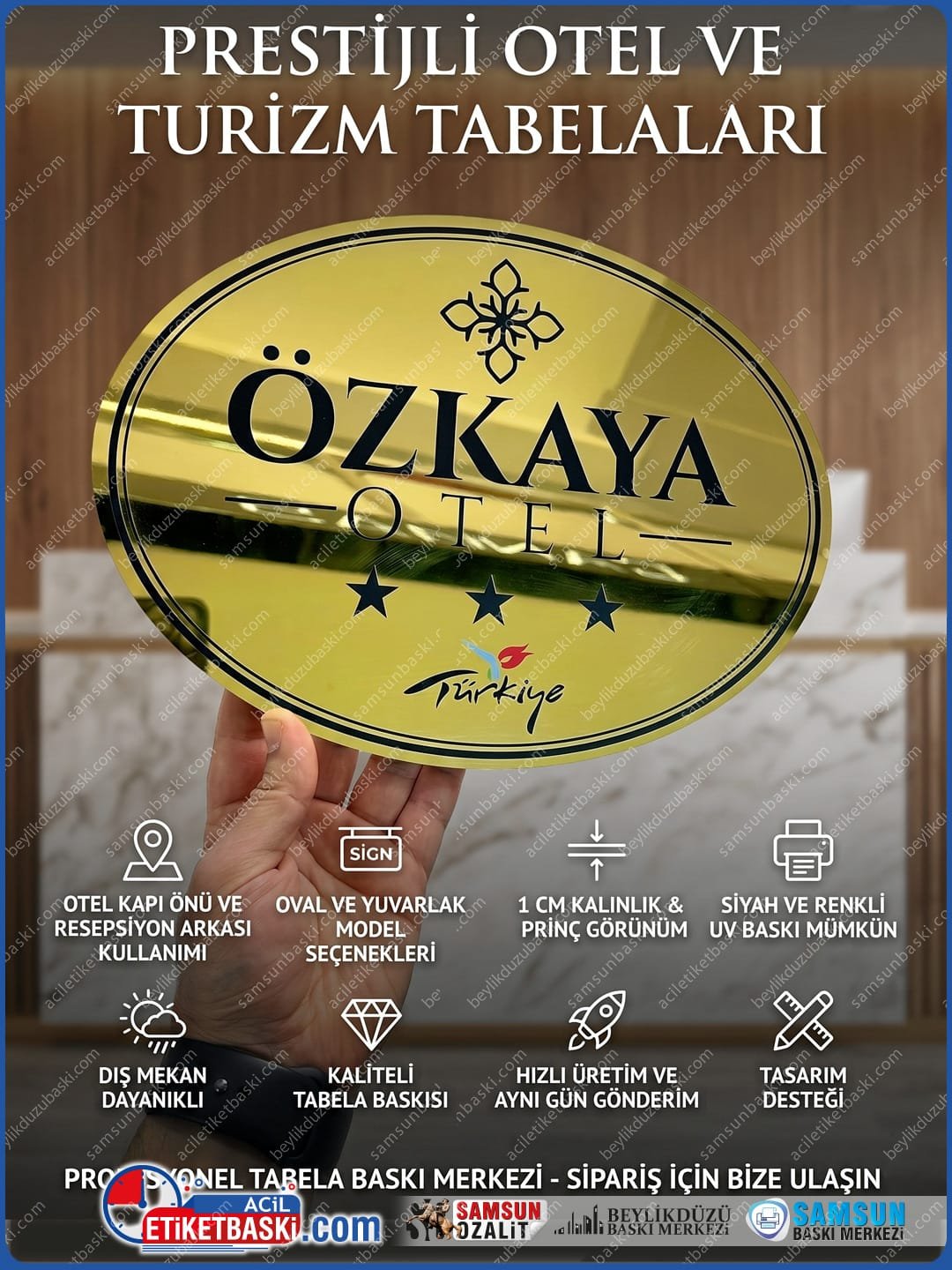 otel-resepsiyon-arkasi-oval-pirinc-gorunumlu-tabela-1cm-kalinlik otel kapı tabelası, resepsiyon arkası tabela, oval metal tabela, pirinç görünümlü tabela, yuvarlak otel tabelası, 1cm kalınlığında tabela, turizm tabela baskısı, samsun tabela merkezi