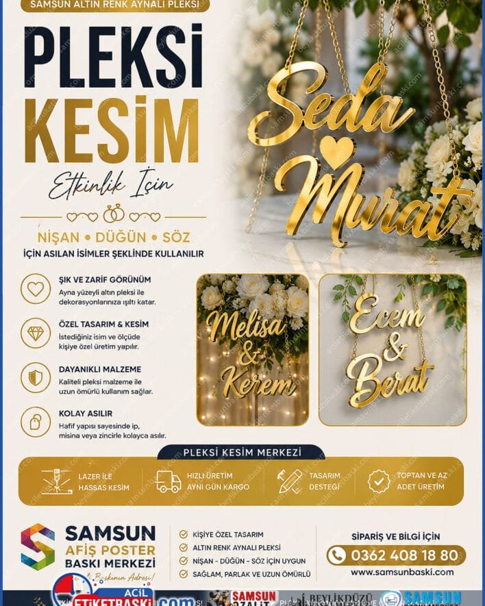 pleksi kesim merkezi, aynalı pleksi isimlik, nişan fonu isimleri, düğün pleksi yazı, samsun lazer kesim, altın renkli pleksi, söz organizasyon isimliği, pleksi harf kesimi samsun