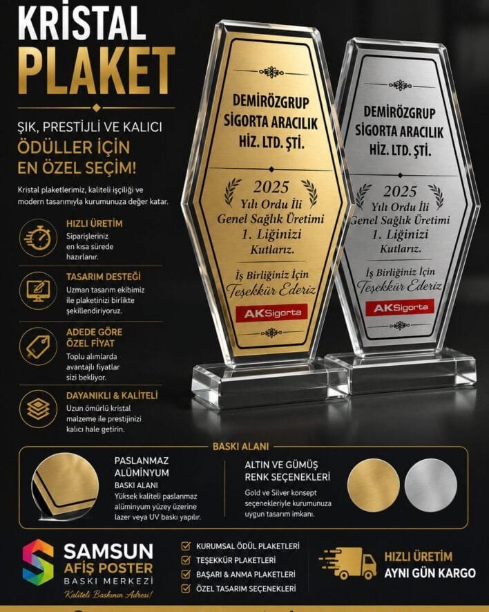 kristal plaket baskı, cam plaket imalatı, alüminyum plakalı plaket, altın konsept plaket, gümüş renkli ödül, samsun plaket merkezi, hızlı plaket üretimi, adede özel plaket fiyatı