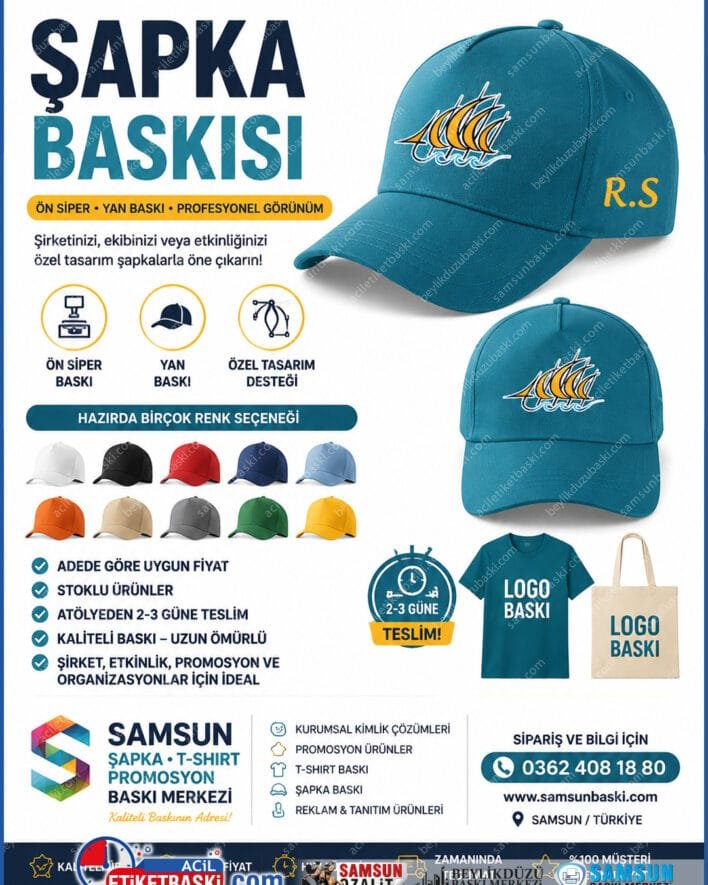 şapka baskısı samsun, siper üzeri şapka baskı, promosyon şapka fiyatları, yanlara baskılı şapka, renkli şapka stokları, t-shirt şapka baskı merkezi, acil şapka imalatı, logolu şapka basımı