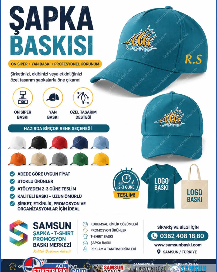 şapka baskısı samsun, siper üzeri şapka baskı, promosyon şapka fiyatları, yanlara baskılı şapka, renkli şapka stokları, t-shirt şapka baskı merkezi, acil şapka imalatı, logolu şapka basımı