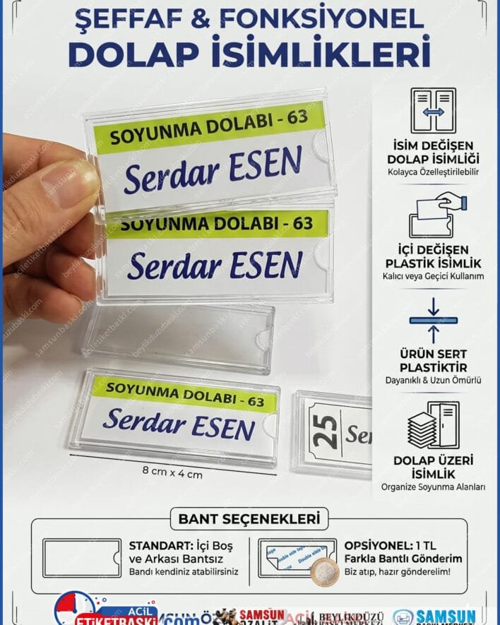 8x4 cm dolap isimliği, şeffaf dolap etiketi, içi değişen isimlik, sert plastik dolap isimliği, soyunma dolabı etiketlik, plastik isimlik kasası, samsun dolap isimliği, 100 adet dolap isimliği