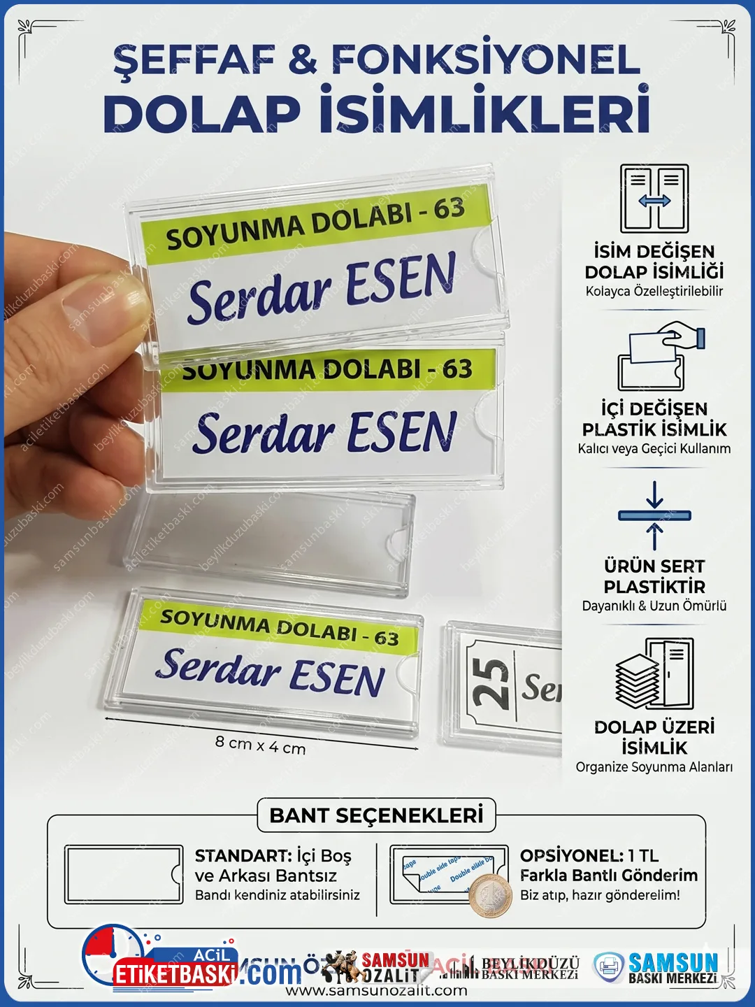 8x4 cm dolap isimliği, şeffaf dolap etiketi, içi değişen isimlik, sert plastik dolap isimliği, soyunma dolabı etiketlik, plastik isimlik kasası, samsun dolap isimliği, 100 adet dolap isimliği
