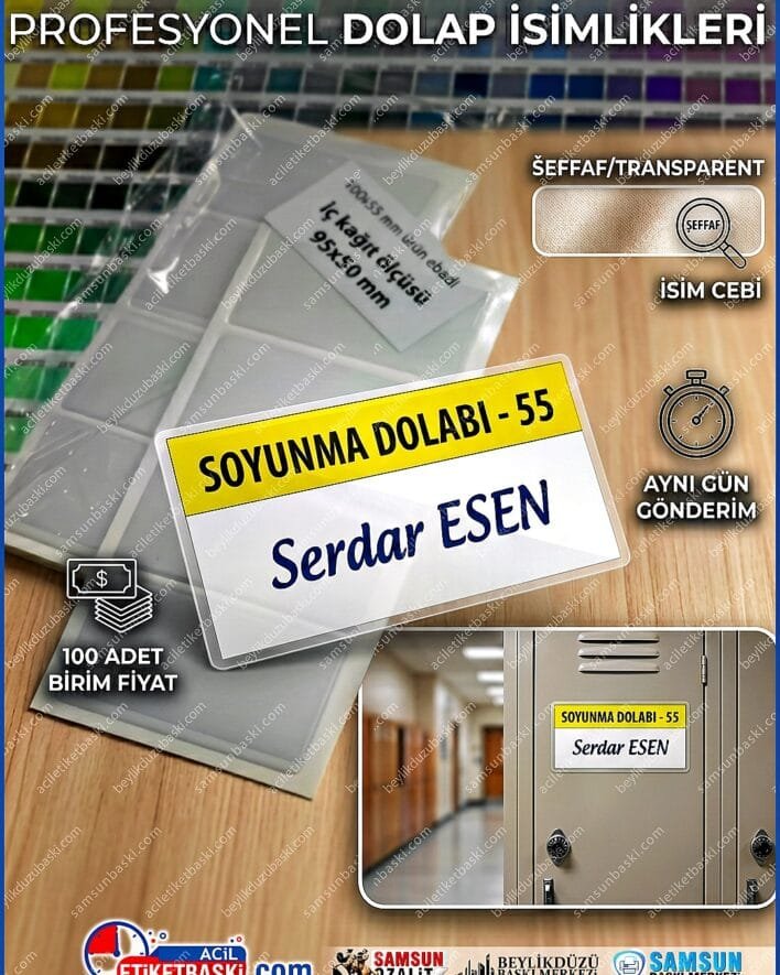 10x5,5 cm dolap isimliği, yumuşak şeffaf isimlik, arkası bantlı dolap etiketi, isim cebi plastik, fabrika dolap isimliği, hastane personel isimliği, stoktan teslim isimlik, dolap isimliği imalatı