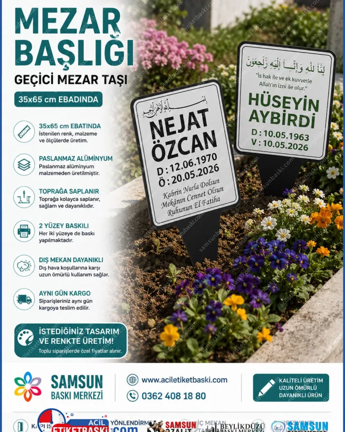 geçici mezar başlığı, paslanmaz alüminyum mezar taşı, toprağa saplanır kabir levhası, 35x65cm mezar levhası, çift taraflı mezar yazısı, dış mekan dayanıklı anıt taşı, acil mezar başlığı, aynı gün kargo mezar taşı