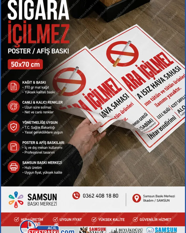 50x70cm sigara içilmez afişi, 110 gr mat kağıt poster, yönetmeliğe uygun tütün uyarı levhası, kaliteli afiş baskısı, uzun süre kalıcı canlı renkler, samsun afiş baskısı, poster baskısı samsun, acil baskı merkezi hızlı üretim