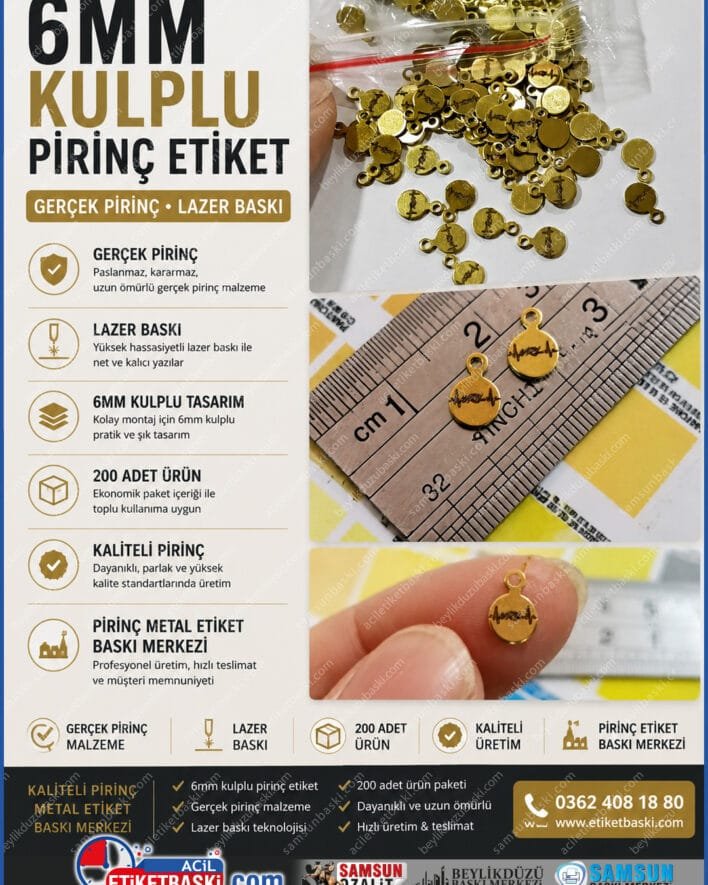 6mm kulplu pirinç etiket, gerçek pirinç marka etiketi, 6mm çapında metal etiket, kulplu çanta isimliği, lazer baskılı pirinç etiket, 200 adet metal etiket, kaliteli pirinç etiket imalatı, metal etiket baskı merkezi