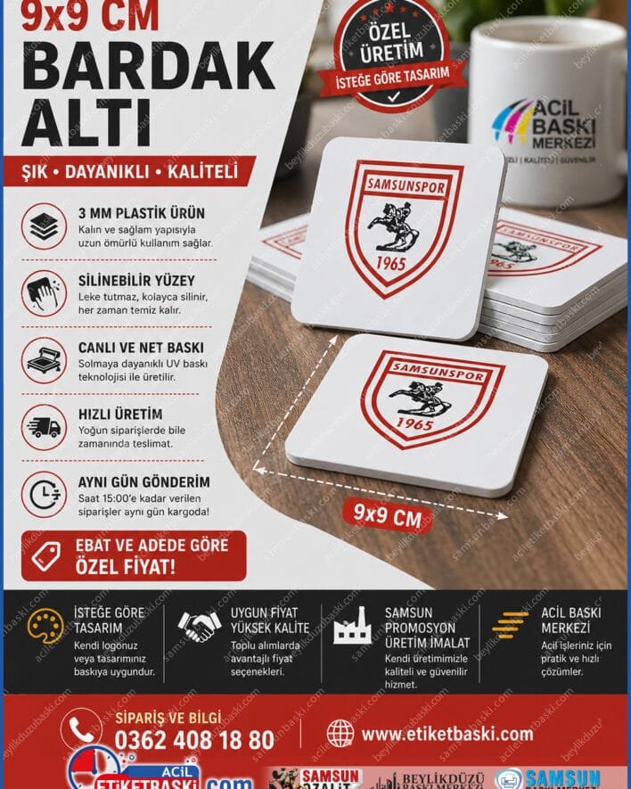 9x9cm bardak altlığı, plastik bardak altı imalatı, silinebilir bardak altlığı, 3mm plastik promosyon, samsun promosyon üretimi, acil bardak altı baskısı, ebat ve adede göre fiyat, acil baskı merkezi