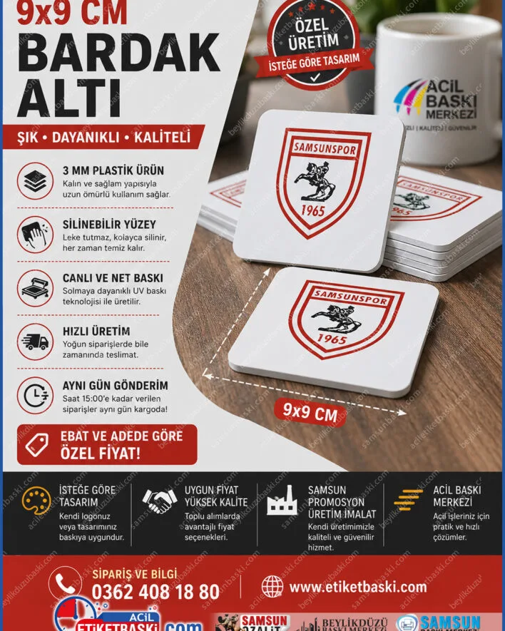 9x9cm bardak altlığı, plastik bardak altı imalatı, silinebilir bardak altlığı, 3mm plastik promosyon, samsun promosyon üretimi, acil bardak altı baskısı, ebat ve adede göre fiyat, acil baskı merkezi