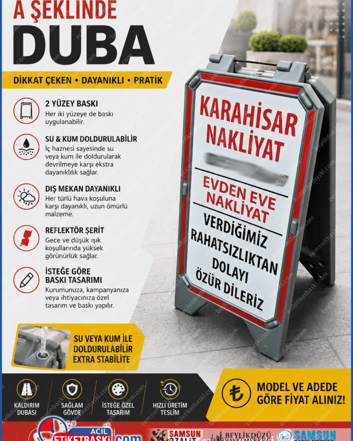 A şeklinde duba, kaldırım dubası fiyatları, çift taraflı duba baskısı, sulu otopark dubası, reflektörlü park dubası, plastik duba imalatı, reklamlı kapı önü dubası, model ve adede göre duba