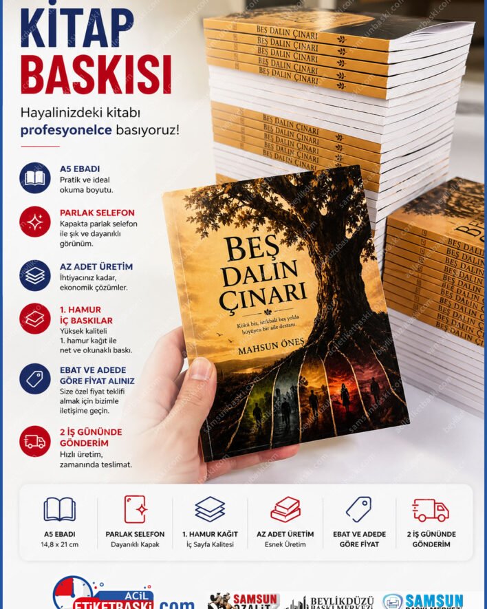 a5 kitap baskısı, az adet kitap üretimi, parlak selefonlu kitap kapağı, 1. hamur kitap baskı, butik kitap matbaası, az adetli roman baskı, samsun dijital kitap basımı, sayfa sayısına göre kitap fiyatı