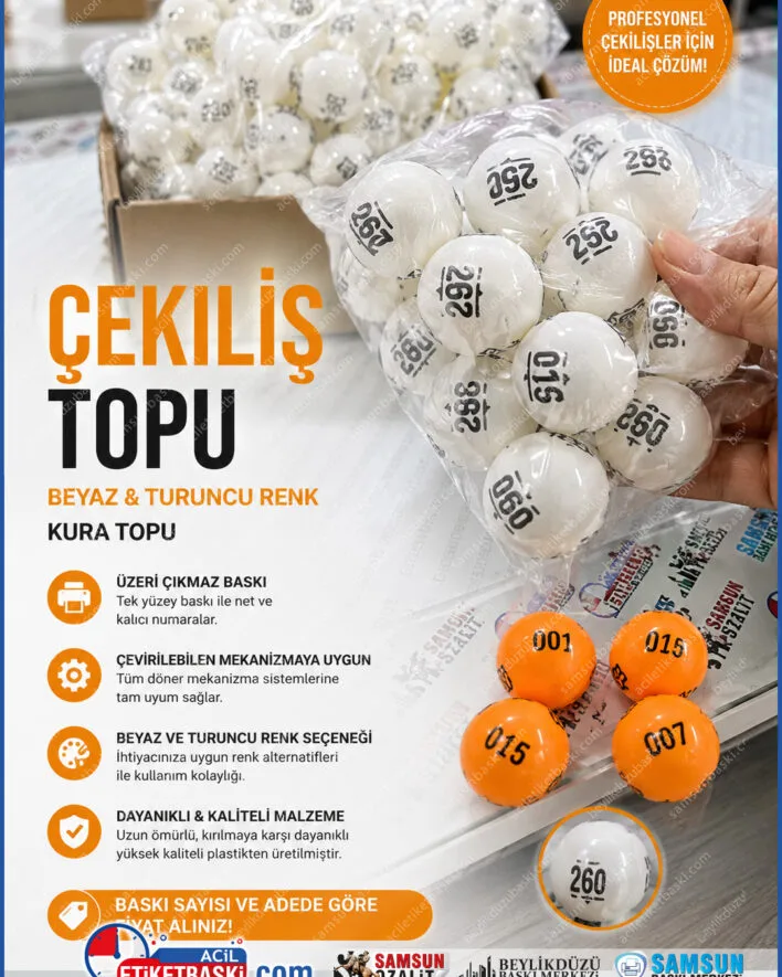 çekiliş topu imalatı, baskılı kura topu, silinmez numaralı top, beyaz turuncu çekiliş topları, küre mekanizmasına uygun top, tek yüzey kura baskısı, baskı sayısına göre fiyat, samsun kura topu baskı merkezi