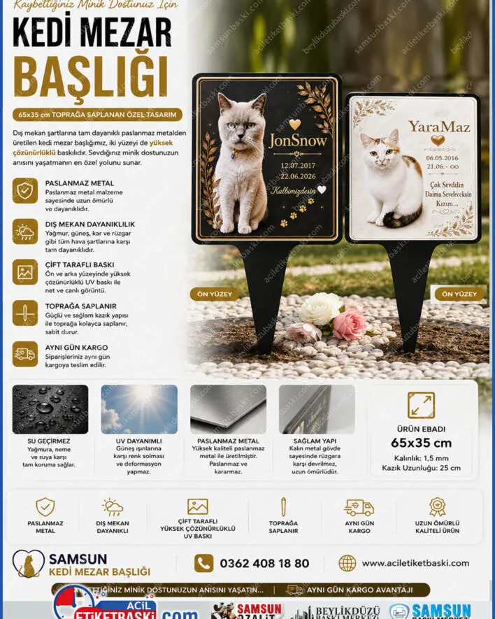 kedi mezar taşı, evcil hayvan mezar başlığı, paslanmaz hayvan mezarı, toprağa saplanan mezar taşı, 2 yüzey baskılı anıt, 65x35cm mezar levhası, dış mekan dayanıklı anıt, samsun kedi mezar taşı imalatı