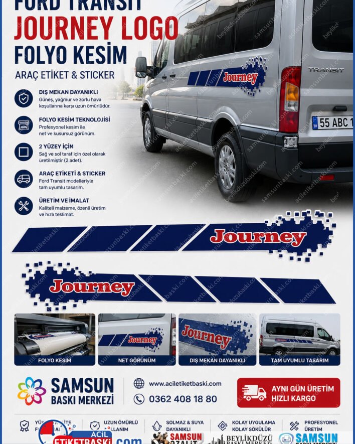 Ford Transit Journey araç modelleri için suya, güneşe ve yıkama kimyasallarına tam dayanıklı malzemeden üretilen, sağ ve sol 2 yüzey için takımlandırılmış lacivert desenli ve kırmızı yazılı premium folyo kesim sticker setidir.
