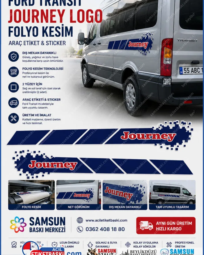Ford Transit Journey araç modelleri için suya, güneşe ve yıkama kimyasallarına tam dayanıklı malzemeden üretilen, sağ ve sol 2 yüzey için takımlandırılmış lacivert desenli ve kırmızı yazılı premium folyo kesim sticker setidir.