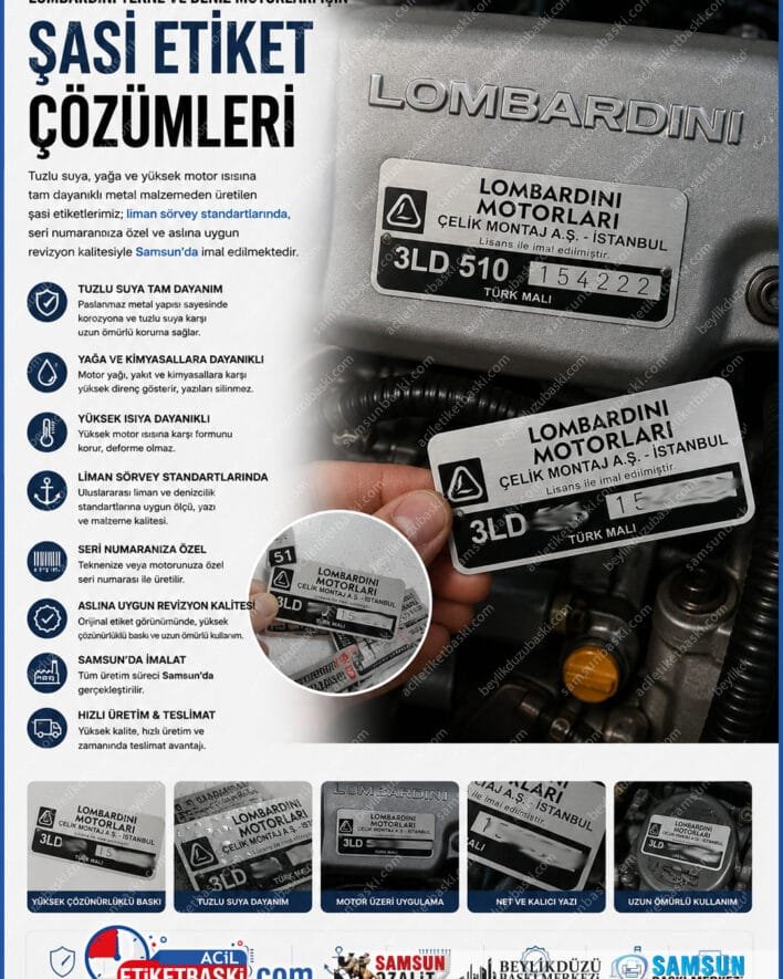lombardini motor etiketi, tekne motoru şasi künyesi, deniz motoru etiket yenileme, dizel motor muayene etiketi, okunmayan marin etiket baskısı, çelik montaj motor plakası, samsun tekne etiket imalatı, motor etiket revizyonu