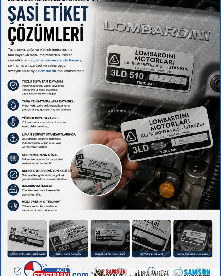 lombardini motor etiketi, tekne motoru şasi künyesi, deniz motoru etiket yenileme, dizel motor muayene etiketi, okunmayan marin etiket baskısı, çelik montaj motor plakası, samsun tekne etiket imalatı, motor etiket revizyonu