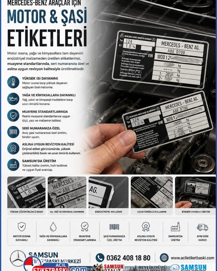 mercedes motor etiketi, aslına uygun araç etiketi, silinen motor numarası yenileme, muayene için şasi etiketi, seri numaralı araç etiket baskısı, mercedes kaput altı etiket, samsun oto etiket imalatı, araç etiket revizyonu