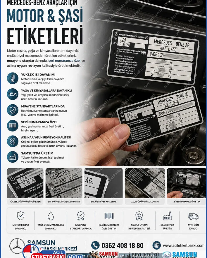 mercedes motor etiketi, aslına uygun araç etiketi, silinen motor numarası yenileme, muayene için şasi etiketi, seri numaralı araç etiket baskısı, mercedes kaput altı etiket, samsun oto etiket imalatı, araç etiket revizyonu