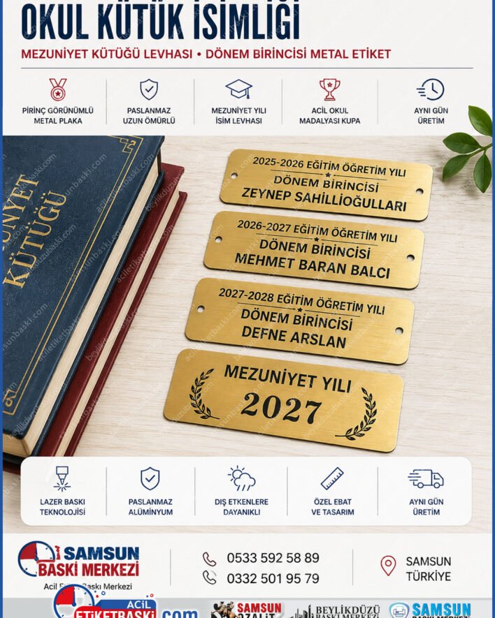 okul kütük isimliği, mezuniyet kütüğü levhası, dönem birincisi metal etiket, pirinç görünümlü okul plakası, paslanmaz metal kütük yazısı, mezuniyet yılı isim levhası, acil okul madalyası kupa, aynı gün üretim kütük etiketi