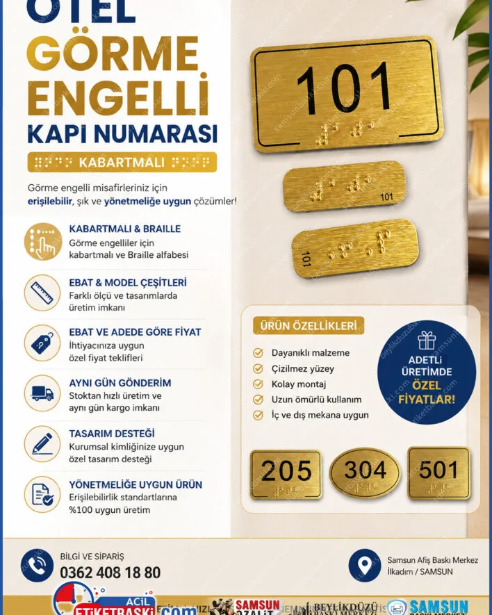 görme engelli kapı numarası, kabartmalı otel oda numarası, braille alfabeli kapı levhası, yönetmeliğe uygun otel tabelası, engelsiz otel yönlendirme, ebat ve adede göre kapı numarası, kabartma baskı merkezi, samsun görme engelli tabelası