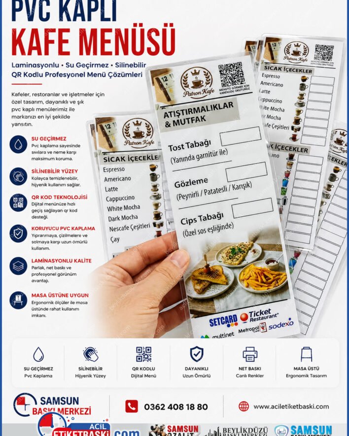 pvc kaplı kafe menüsü, laminasyonlu el menüsü, qr kodlu restoran kartı, su geçirmez kafe menü baskısı, silinebilir fiyat listesi kartı, masa üstü qr kod menüsü, samsun dijital menü matbaası, koruyucu pvc el ilanı baskısı