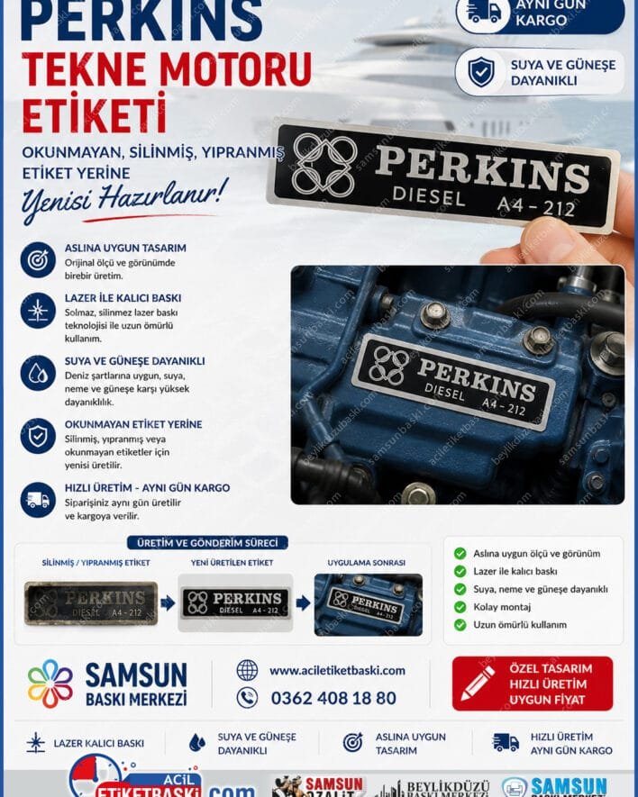perkins tekne motoru etiketi, deniz motoru etiket yenileme, silinmiş Perkins etiketi, suya güneşe dayanıklı motor plakası, lazer metal markalama tekne, okunmayan motor numarası basımı, aslına uygun deniz etiket imalatı, aynı gün kargo deniz motoru etiketi